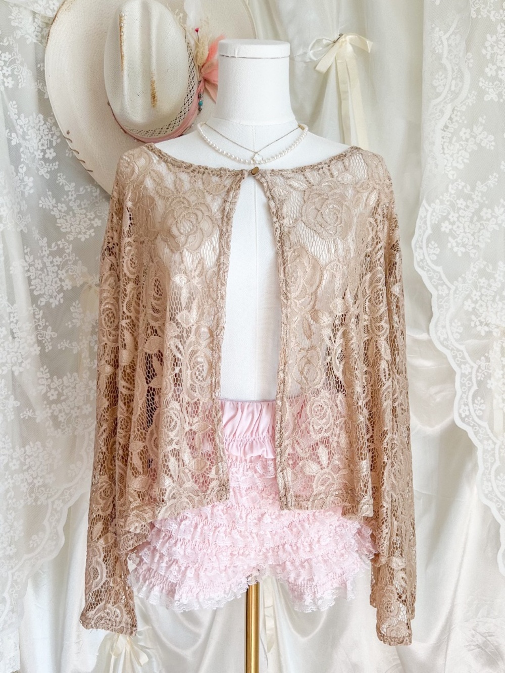 Y2K Champagne Lace Fairycore Open Front Cardigan